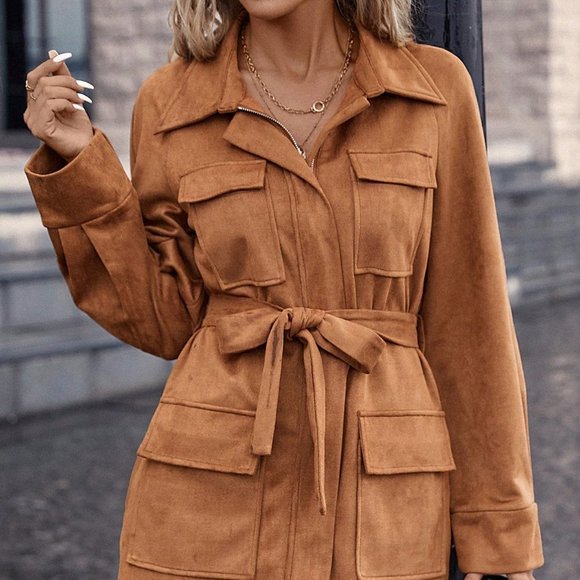 . Jackets & Blazers - Brown Casual womens Flap Pocket Belted Suedette Coat